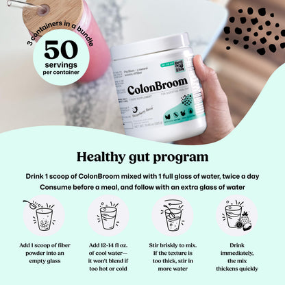 ColonBroom Psyllium Husk Powders (Strawberry, 150 Servings) - Colon Cleanse for Bloating Relief & Gut Health - Colon Broom Fiber Powder Drink - Vegan, Gluten Free, Non-GMO Fiber Powder Supplement