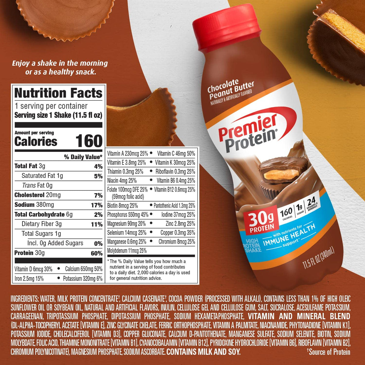 Premier Protein Shake, Chocolate Peanut Butter Liquid, 30g Protein, 1g Sugar, 24 Vitamins