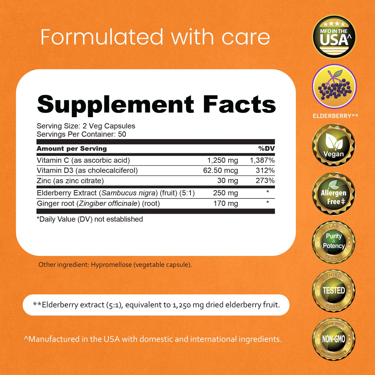 NaturaLife Labs Vitamin C with Vitamin D3, Zinc, Elderberry & Ginger Root - 1,700 mg per Serving - 100 Capsules, Vegan, Non-GMO, Gluten Free