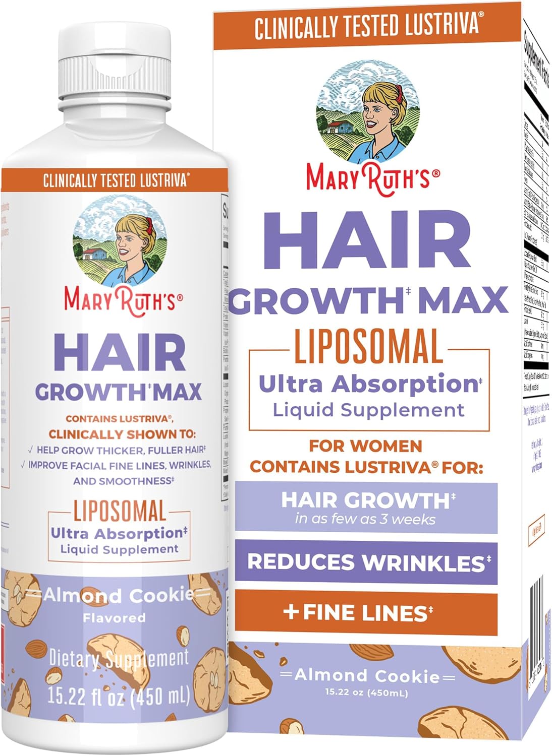 MaryRuth's Hair Growth Max Liposomal for Women - Lustriva + Biotin 10000mcg + Pumpkin Seed Oil - Thicker Hair - Hair Care - Wrinkles, Fine Lines, Skin Care - Ages 18+ - CLP Certified - 15.22 Fl Oz