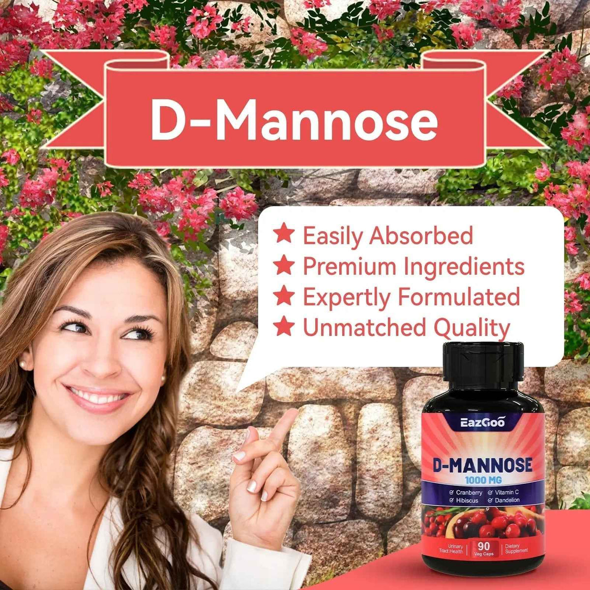 EAZGOO D-Mannose Supplement - 1000mg Capsules with Cranberry, Vitamin C, Hibiscus & Dandelion Extract, Support Urinary Health, D Mannose & Cranberry Capsules, 90 Count(Pack of 2)