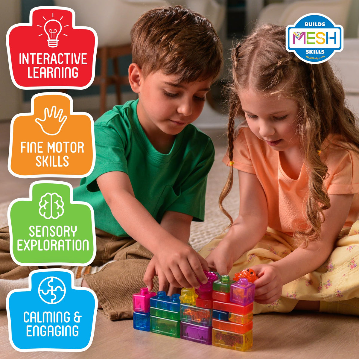 Jelly Blox Classic Castle Set | Includes 45 Pieces | Toddler & Preschool Building Blocks Kids Can Squeeze, Stretch, Squish | MESH ACCREDITED | Safety Tested & Ouch-Free | Sensory Play Toy for Ages 2+