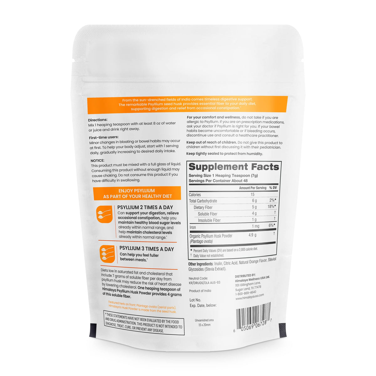 Himalaya Psyllium Husk Powder, Orange, 48 Servings - Daily Psyllium Fiber Supplement for Supporting Digestive Health and Regularity - Vegan, Non-GMO, Sugar Free, Gluten Free, 12 oz (340 g)