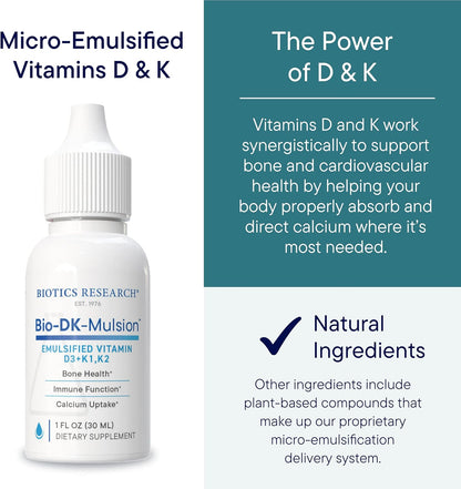 BIOTICS RESEARCH Bio-DK-Mulsion–Emulsified Liquid Vitamin D and K, D3 Drops 125 mcg & Vitamin K (K1, K2) 300 mcg MK-7–Supports Stronger Bones, Musculoskeletal Strength, Healthy Heart & BMI 1 fl oz