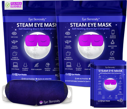 Eye Serenity Steam Eye Mask - Self-Heating Warm Compress for Dry Eye Relief - Unscented Disposable Eye Mask for Travel & Sleep (30 Pack)