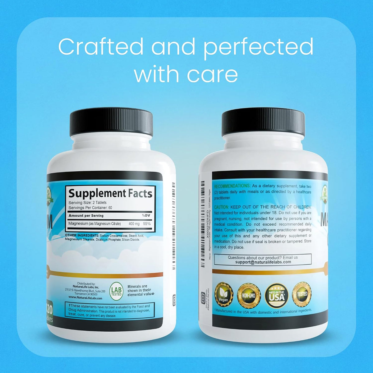 NaturaLife Labs Magnesium Citrate 400 mg per Serving - 120 Tablets, Vegan, Non-GMO