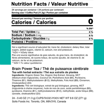 SOLLO Brain Power Organic Green Tea Pods with MCT, Acai & Essential nutrition, Nootropic Brain Booster- Improves Memory & Focus Compatible with 2.0 K-Cup Keurig Brewers, 24 Ct