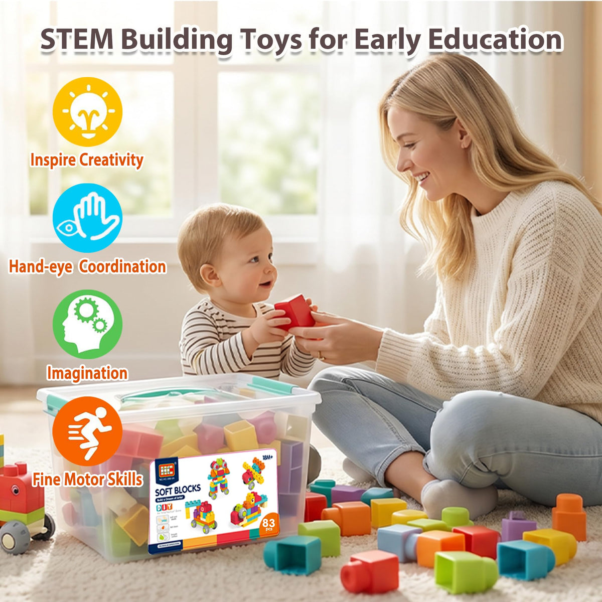 83 PCS STEM Soft Building Blocks Set for Toddlers 18 Months+, Large Construction Stacking Blocks with Storage Box, Educational Preschool Toy to Develop Creativity, Imagination and Fine Motor Skills