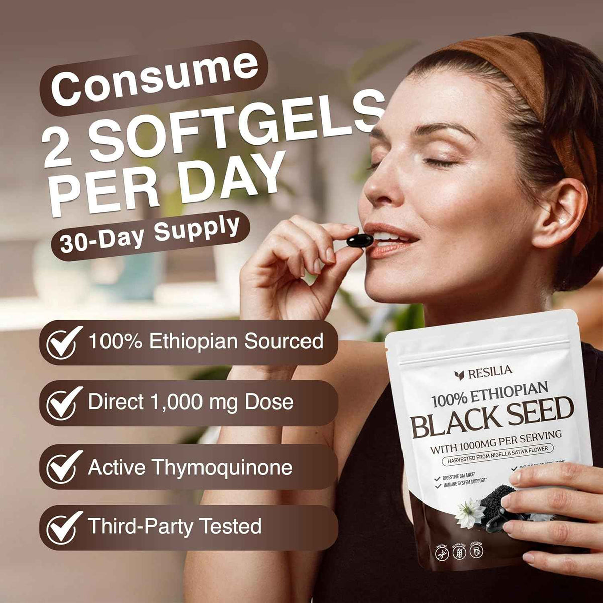 Resilia Ethiopian Black Seed Softgels 1000mg Per Serving - Premium Nigella Sativa Seed Oil Supplement - Digestive & Immune Support Formula - Easy to Swallow Soft Capsules (60 Count)