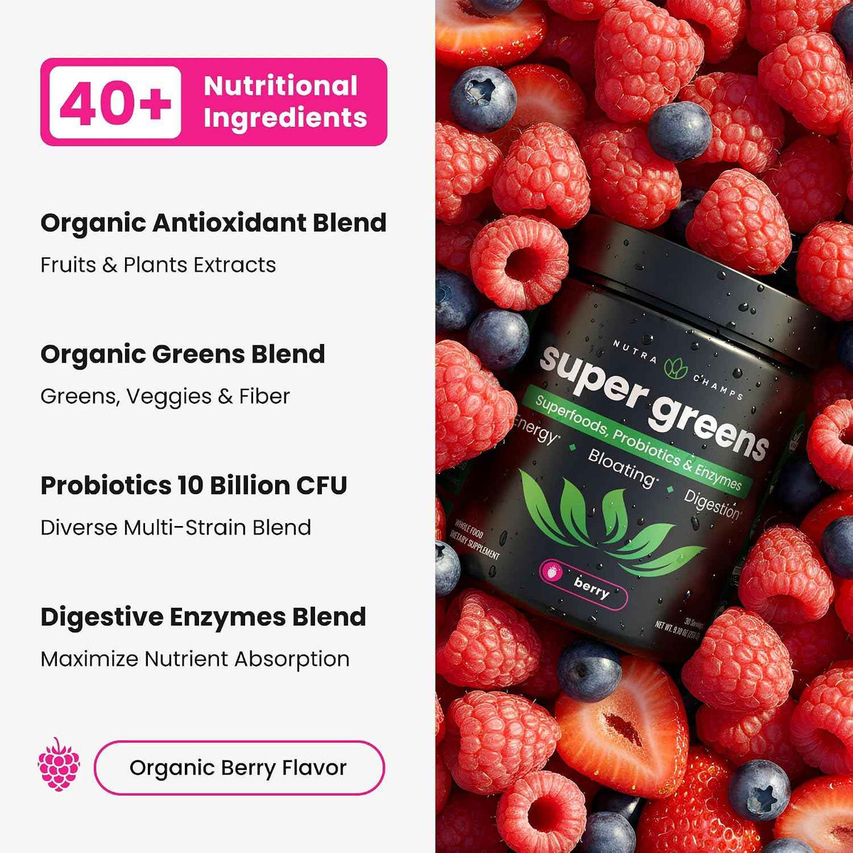 SuperGreens Powder, 40+ Organic Superfoods, Probiotics & Enzymes for Energy, Digestion, Gut Health & Bloating - Organic Fruit & Veggie Drink Mix, Daily Green Juice Smoothie Blend, Spinach, Noni Plus