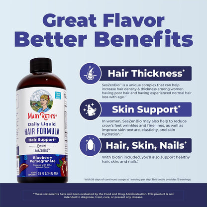 MARYRUTH'S Daily Liquid Hair Formula - With 500 mg SesZenBio + 2,500 mcg Biotin - Vitamin C - Thicker, Stronger Hair for Women - Hair, Skin, & Nail Health - Collagen Production - 16 Fl Oz