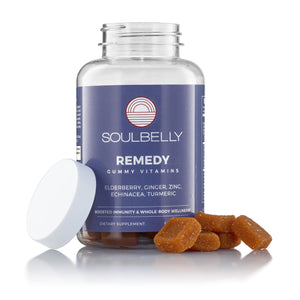 Soulbelly Remedy gummy vitamins bottle with gummies on a white background