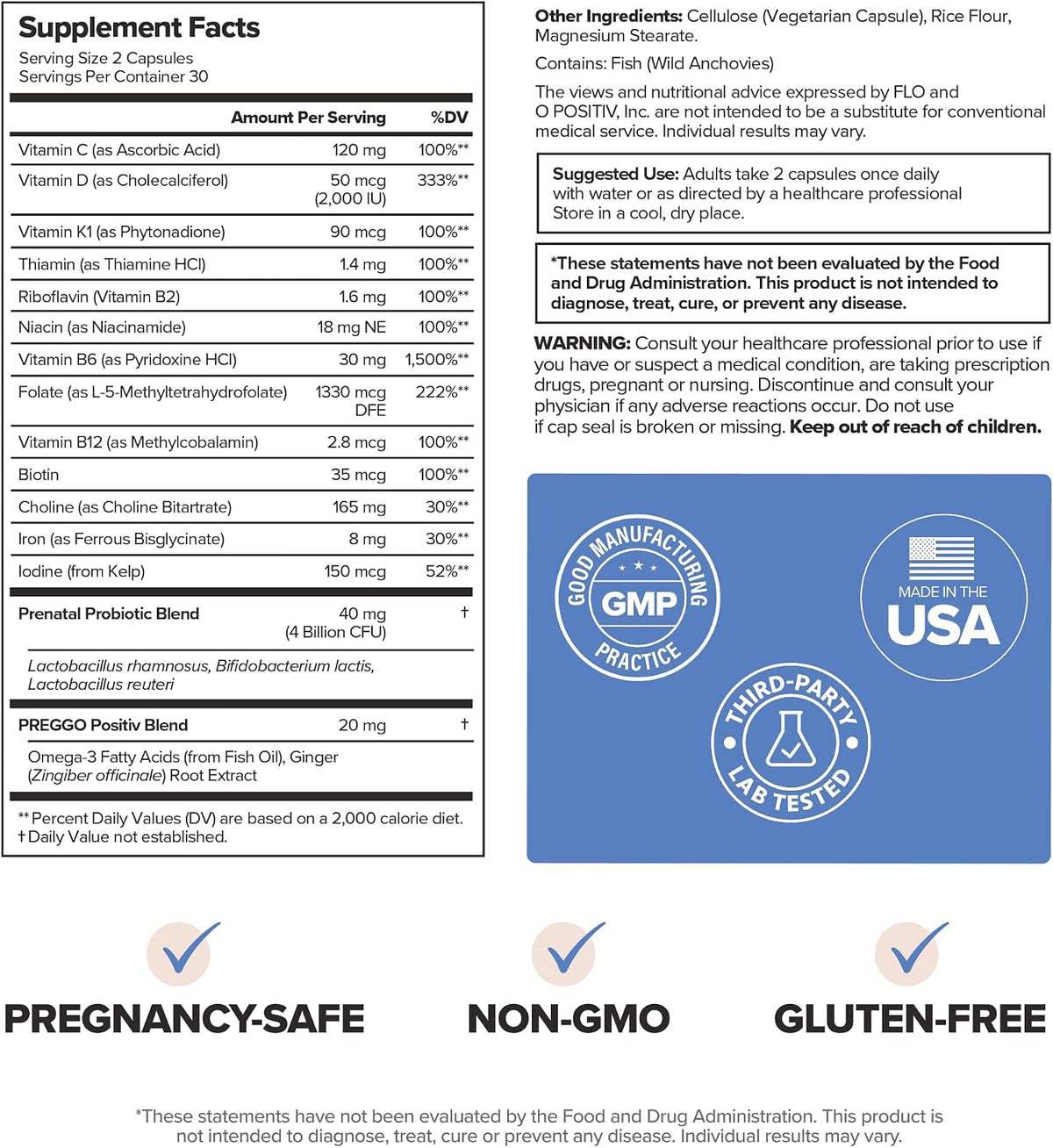 PREGGO Prenatal Vitamin + Probiotic with Folate & Choline - 30-Day Supply
