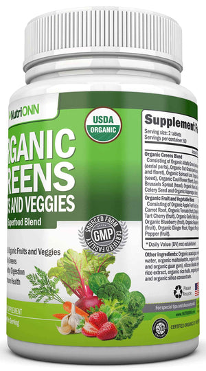 Organic Super Greens Capsules - Fruit And Vegetable Supplements - 120 Count - 28 USDA Organic & Vegan Premium Ingredients - Superfood Blend For Immune Health, Digestion & Energy - Whole Food Vitamins