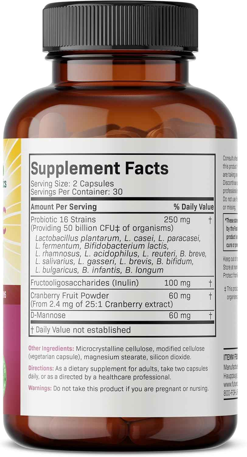 Futurebiotics Women's Probiotic 50 Billion CFU + Prebiotic with Cranberry & D-Mannose - Digestion Immune and Urinary Tract Support, Non-GMO, 60 Vegetarian Capsules