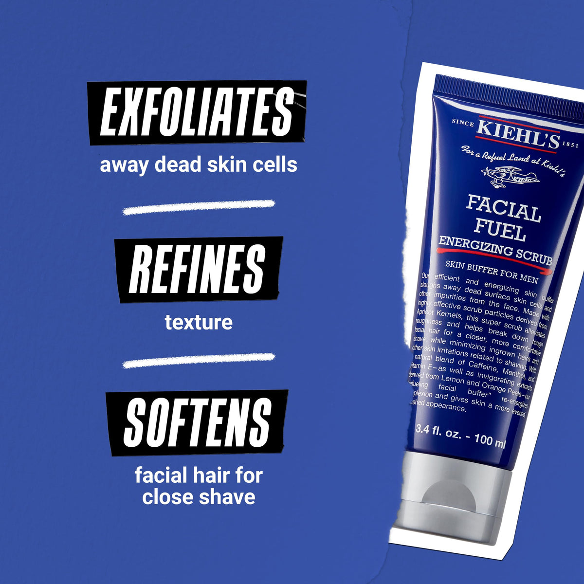 Kiehl's Facial Fuel Exfoliating Face Scrub, Facial Cleanser for Men, Smooths Skin & Removes Dead Skin, Dirt & Oil, Helps Soften Tough Facial Hair, with Caffeine, Menthol, Vitamin E - 3.4 fl oz