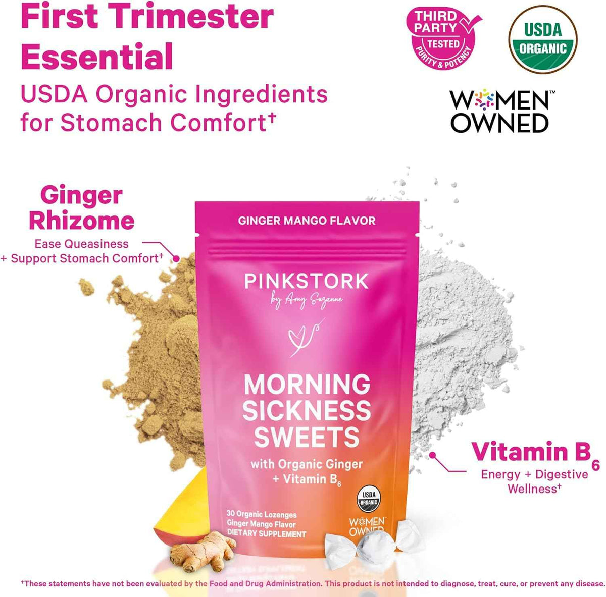 Pink Stork Morning Sickness Support Kit - 3-Piece Bundle with Organic Ginger Peach Tea, B6 Sweets, Ginger Lozenges - Pregnancy Support, First Trimester Essentials, Gift for Pregnant Women