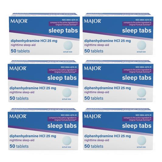 MAJOR Sleep Aid Tabs, Diphenhydramine HCl 25 mg, 50 Count (6-Pack)