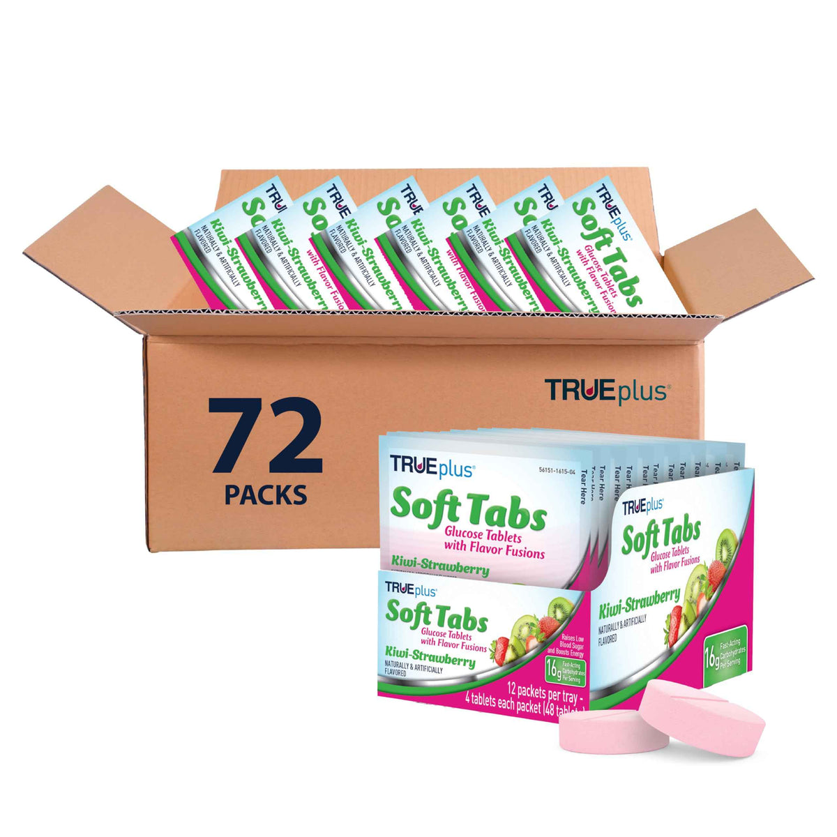 TRUEplus Soft Tabs Glucose Tablets, Cherry Pop Flavor, 4 Count, 12 Packs - Chewable Tablets, 16g Fast-Acting Carbohydrates, Fat Free, Gluten Free, Boosts Energy, Great Tasting and Easy to Use