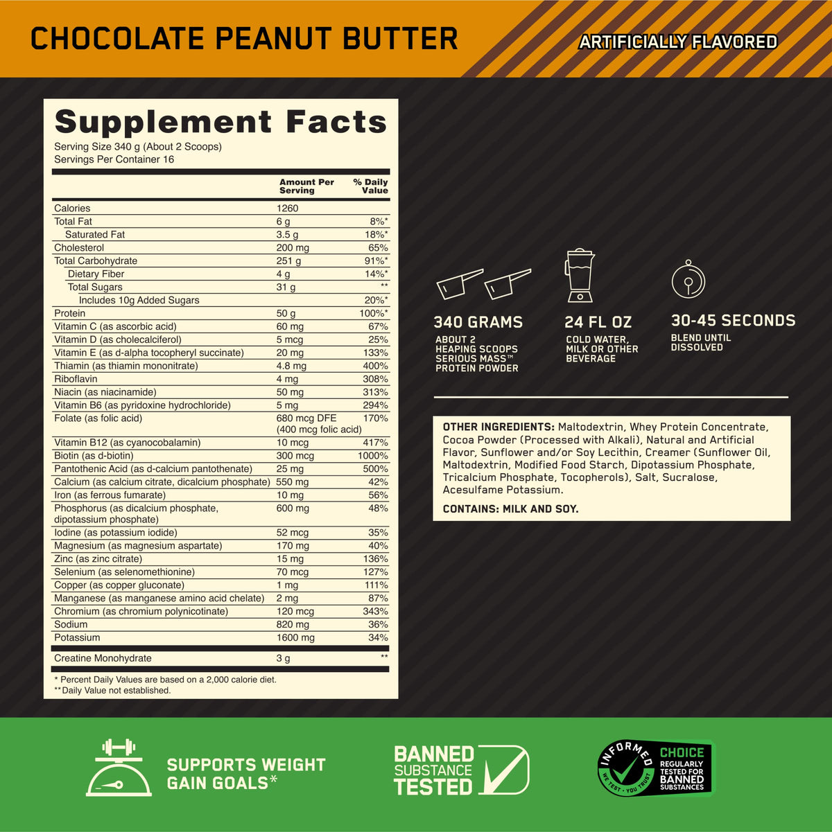 Optimum Nutrition Serious Mass, Weight Gainer Protein Powder for Muscle Gain, Added