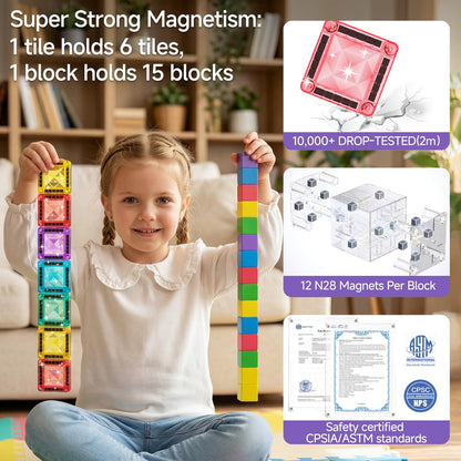 burgmate Mini Magnetic Blocks Travel Set: 48 Pieces 3 in 1 Magnetic Tiles Set with an Ultra-Light Tin Box for On the Go, 60 Mins Focus 45s Cleanup - Boys Girls Air Travel Ages 3-8