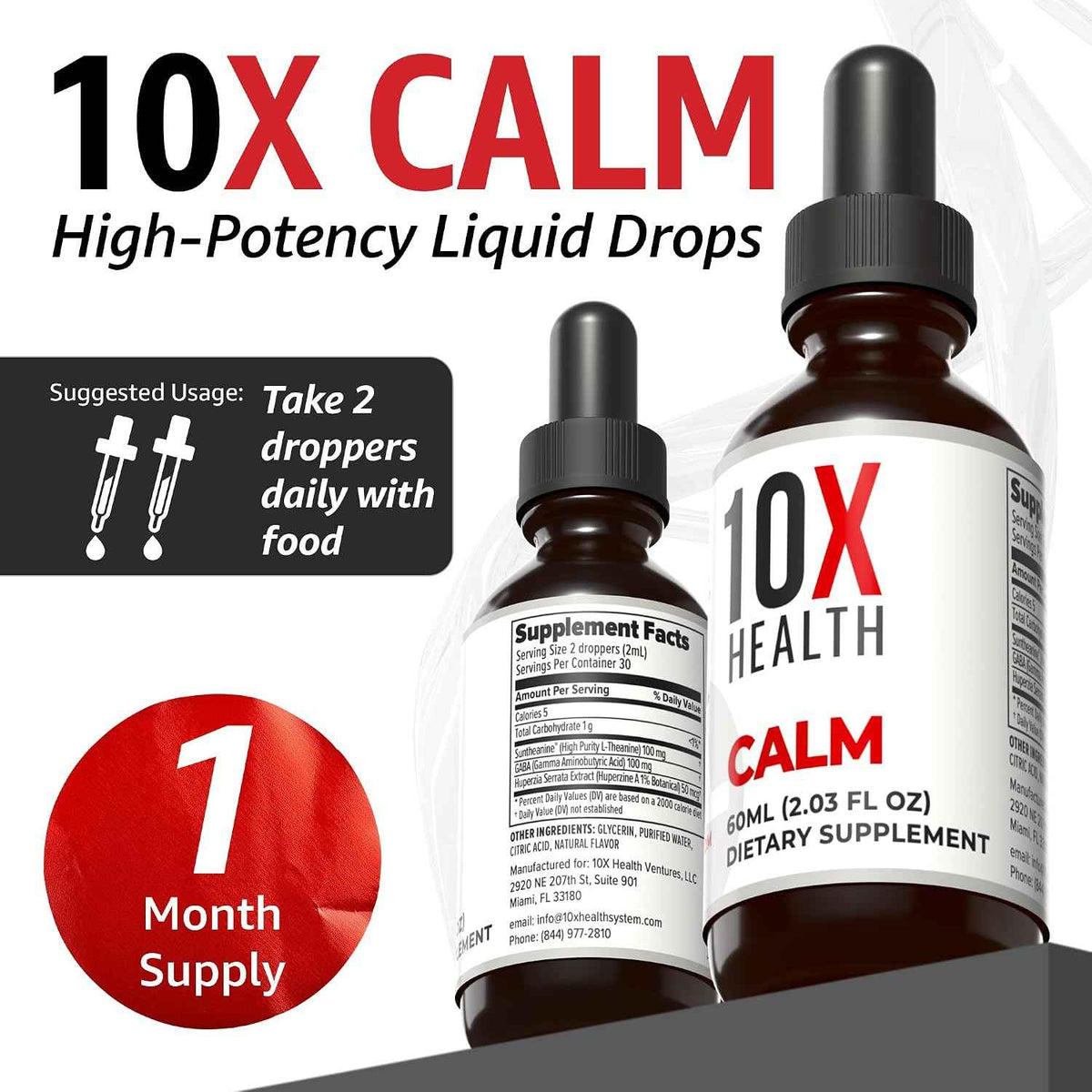 10X Health Calm Drops - 100mg, 2.03 Fl Oz - Gaba Supplements: 100mg L-Theanine, Calm & Stress Support, Natural Flavor, 2.03 Fl Oz