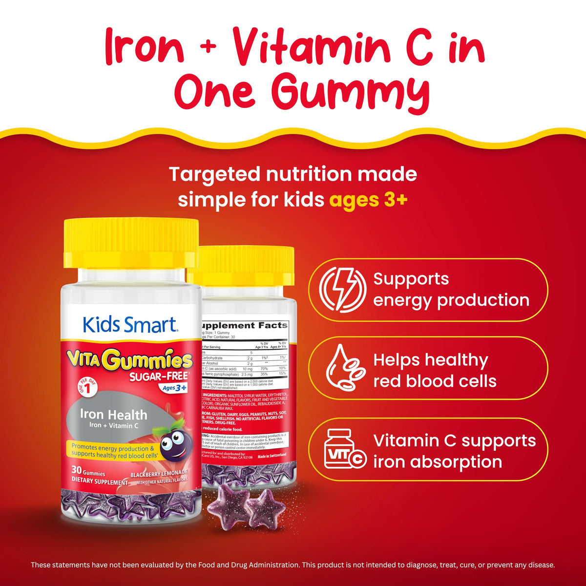 Kids Smart Iron Health Gummies for Kids, Iron Supplement with Vitamin C – Sugar Free Gummy Vitamins, Supports Energy & Immune System – Gluten Free, Vegan, Non-GMO | for Children Ages 3+, 30 Count