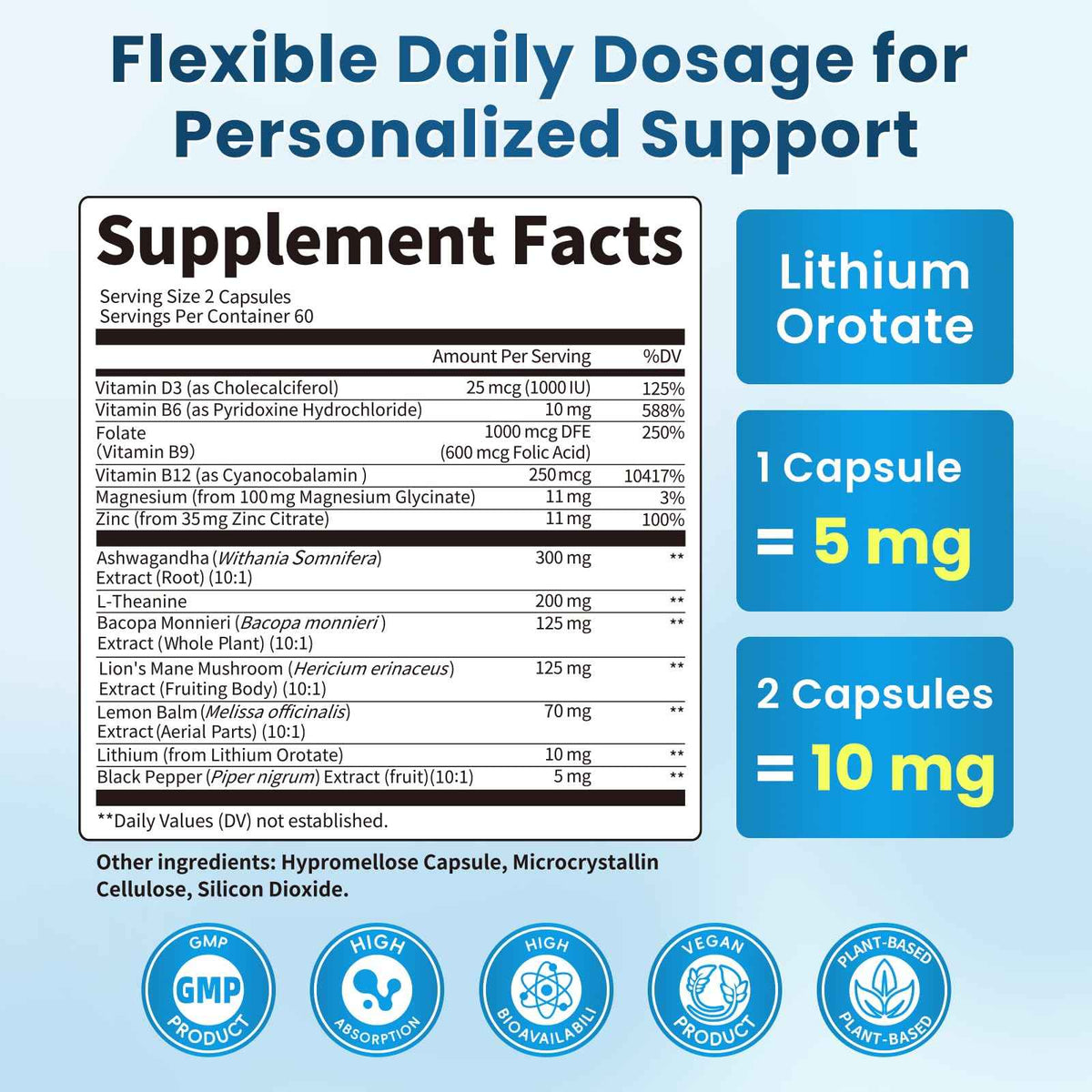 Lithium Orotate 5/10mg, L-Theanine 200mg, Ashwagandha 300mg - Mood Focus Memory Brain Supplements with Bacopa Monnieri, Lion’s Mane, Magnesium, Zinc D3 B6 Folate B12