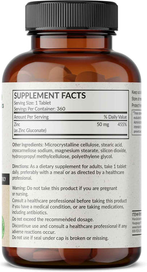 Futurebiotics Zinc 50 MG High Potency, 1 Year Supply - Non-GMO 360 Vegetarian Tablets