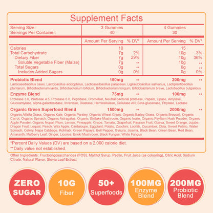 10g Fiber Gummies for Adults with Probiotics, Sugar Free Fiber Supplement with Organic Super Greens & Digestive Enzymes, Supports Gut Health, Energy & Regularity, Vegan, 120 Count