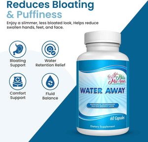Water Away Natural Diuretic Capsules - Beat Bloating & Water Retention, Support Fluid Balance & Boost Energy with a Gentle Formula of Vitamins, Minerals, Herbs & Roots - 60 Capsules for a Slimmer You