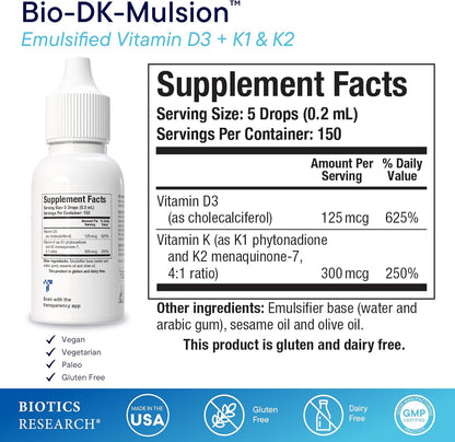 BIOTICS RESEARCH Bio-DK-Mulsion–Emulsified Liquid Vitamin D and K, D3 Drops 125 mcg & Vitamin K (K1, K2) 300 mcg MK-7–Supports Stronger Bones, Musculoskeletal Strength, Healthy Heart & BMI 1 fl oz