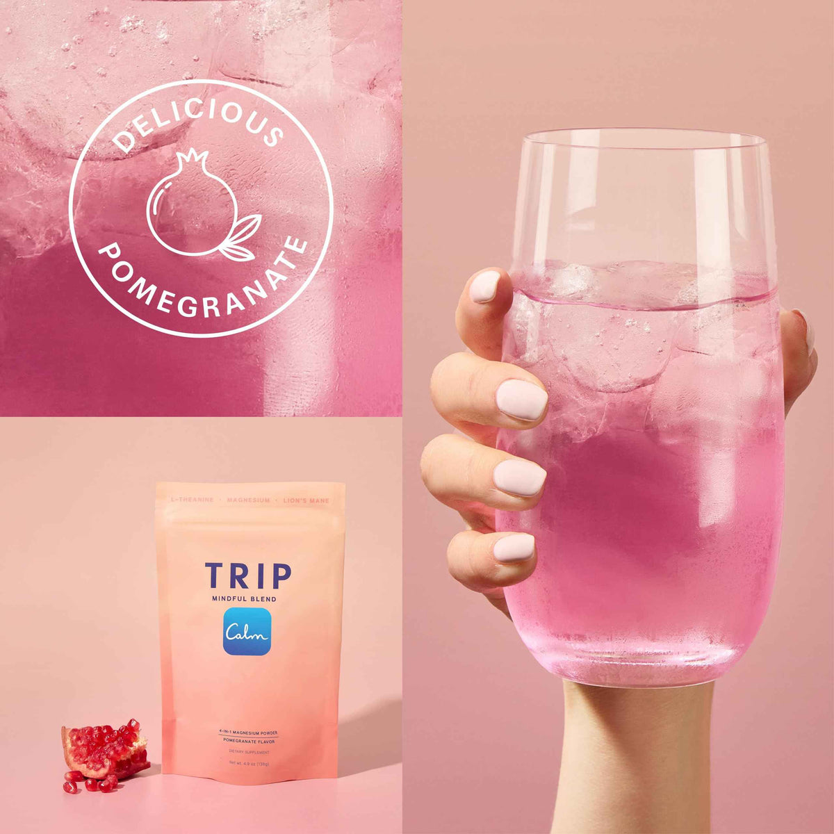 TRIP Magnesium Glycinate Powder with L-Theanine & Lion’s Mane, Sugar Free Magnesium Supplement for Adults, 250mg Magnesium per Drink Mix Serving, Pomegranate Orange Blossom, 1 Bag - 30 Servings