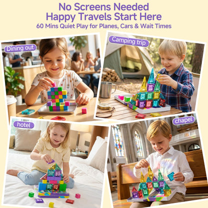 burgmate Mini Magnetic Blocks Travel Set: 48 Pieces 3 in 1 Magnetic Tiles Set with an Ultra-Light Tin Box for On the Go, 60 Mins Focus 45s Cleanup - Boys Girls Air Travel Ages 3-8