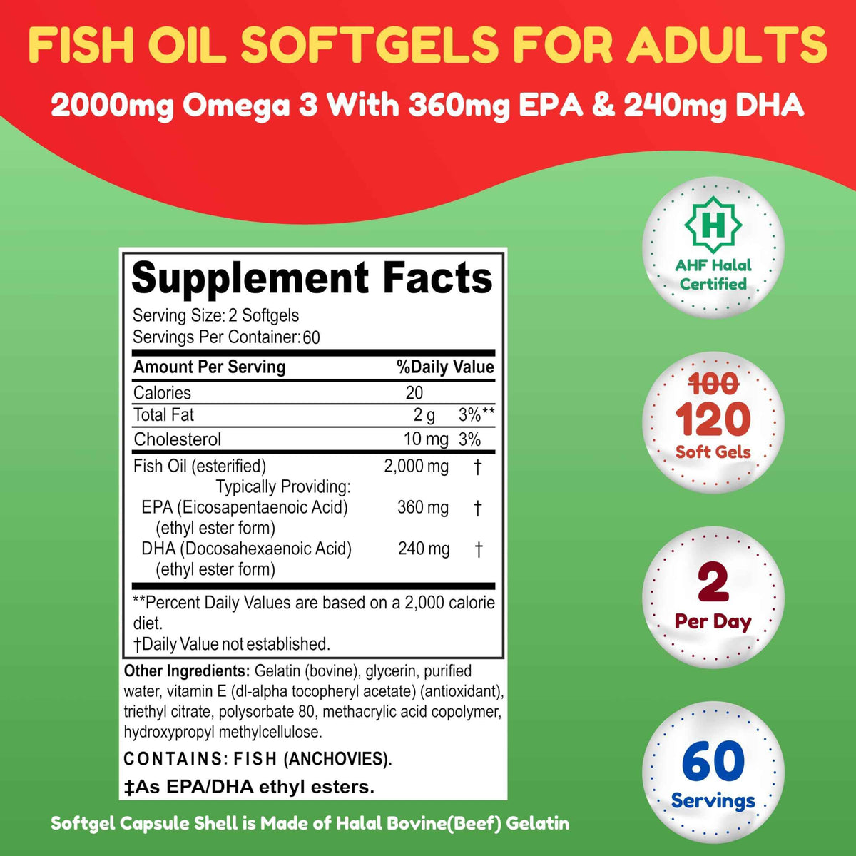 Halal Omega 3 Fish Oil 2000mg - 60 Servings, 120 Softgels. Wild Caught, Purified, Keto Friendly, Non-GMO & Gluten-Free. Brain, Heart & Cardiovascular Support.