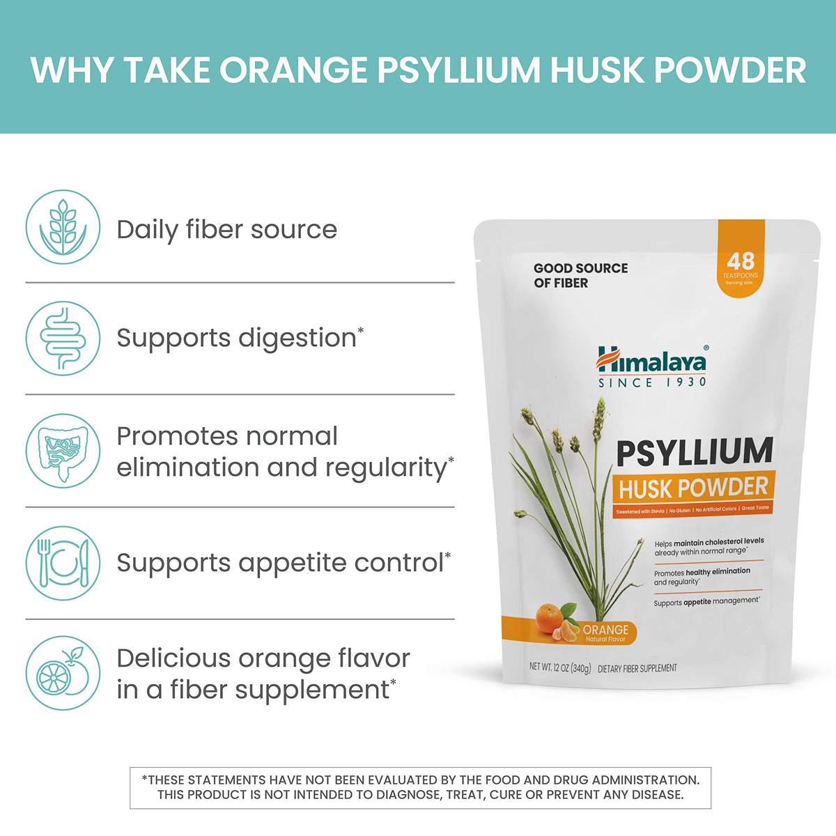 Himalaya Psyllium Husk Powder, Orange, 48 Servings - Daily Psyllium Fiber Supplement for Supporting Digestive Health and Regularity - Vegan, Non-GMO, Sugar Free, Gluten Free, 12 oz (340 g)