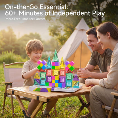 burgmate Mini Magnetic Blocks Travel Set: 48 Pieces 3 in 1 Magnetic Tiles Set with an Ultra-Light Tin Box for On the Go, 60 Mins Focus 45s Cleanup - Boys Girls Air Travel Ages 3-8