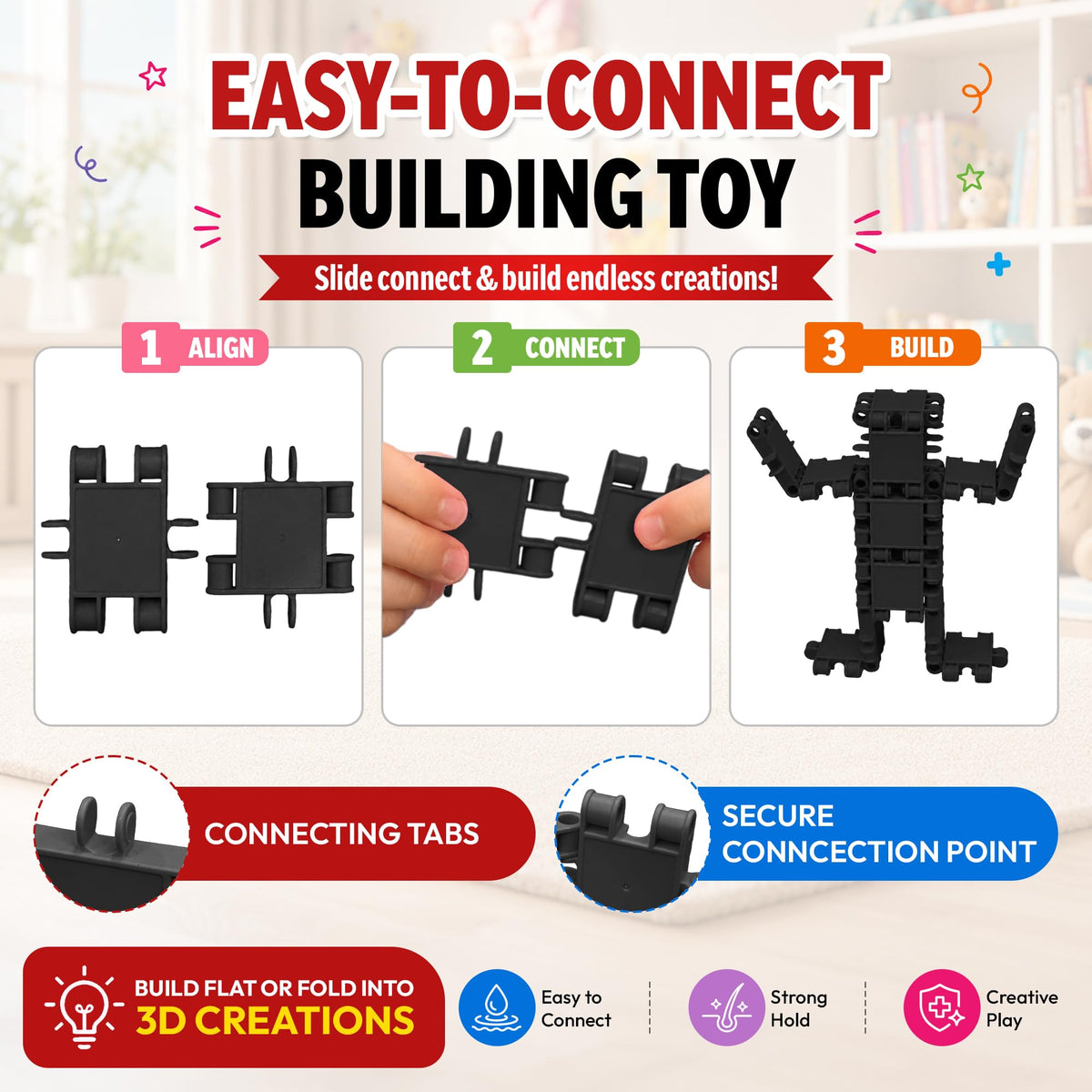 Play Build 100 Piece Black Snap Connecting Building Toy Set for Kids