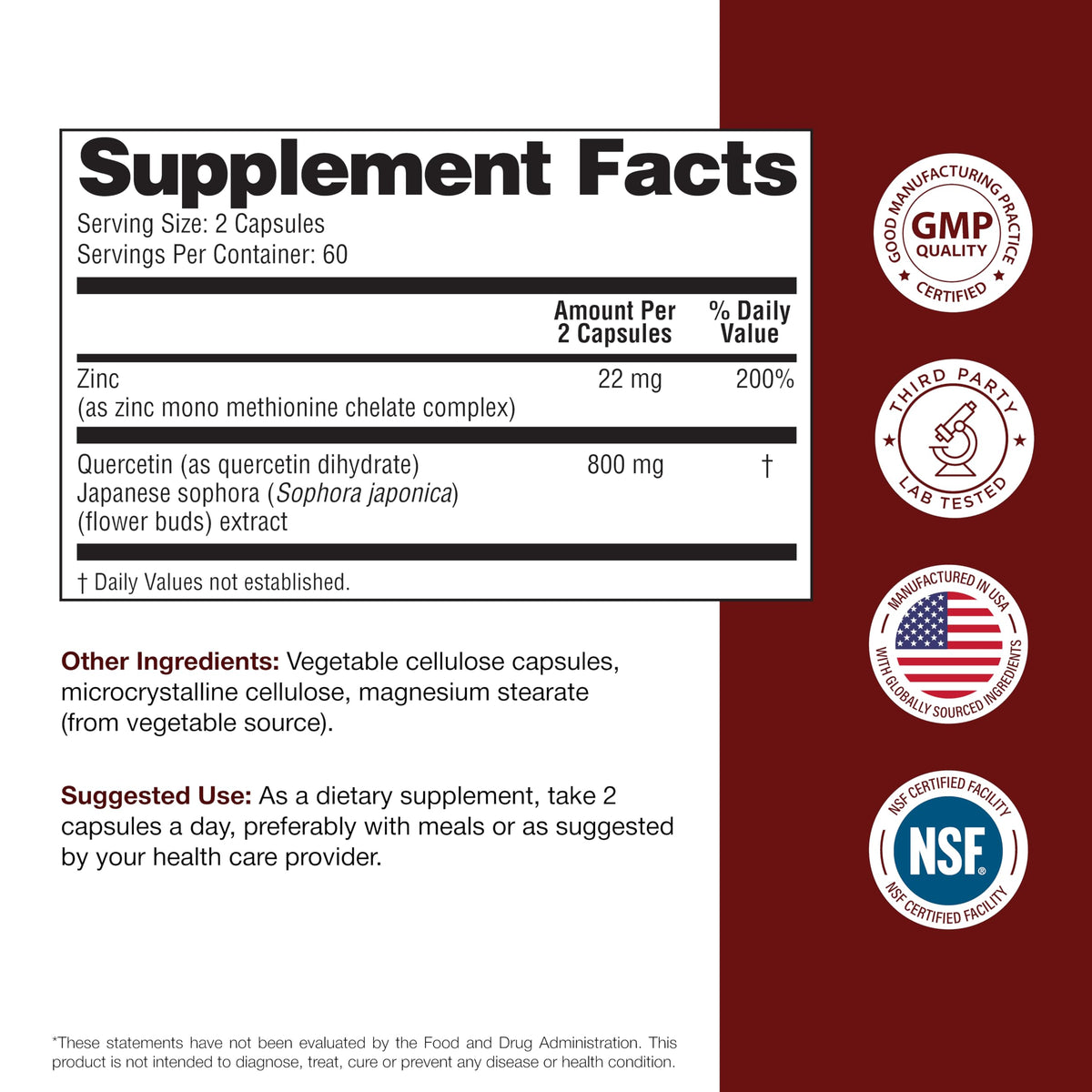 Sandhu's Zinc Quercetin 120 Vegetarian Capsules (Pack of 1) - High Absorption Zink Supplements for Immunity and Seasonal Allergy - Antioxidant Immune Support