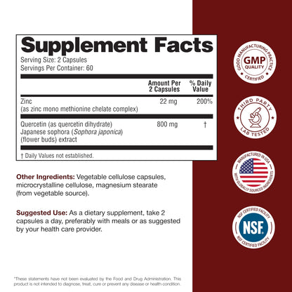 Sandhu's Zinc Quercetin 120 Vegetarian Capsules (Pack of 1) - High Absorption Zink Supplements for Immunity and Seasonal Allergy - Antioxidant Immune Support