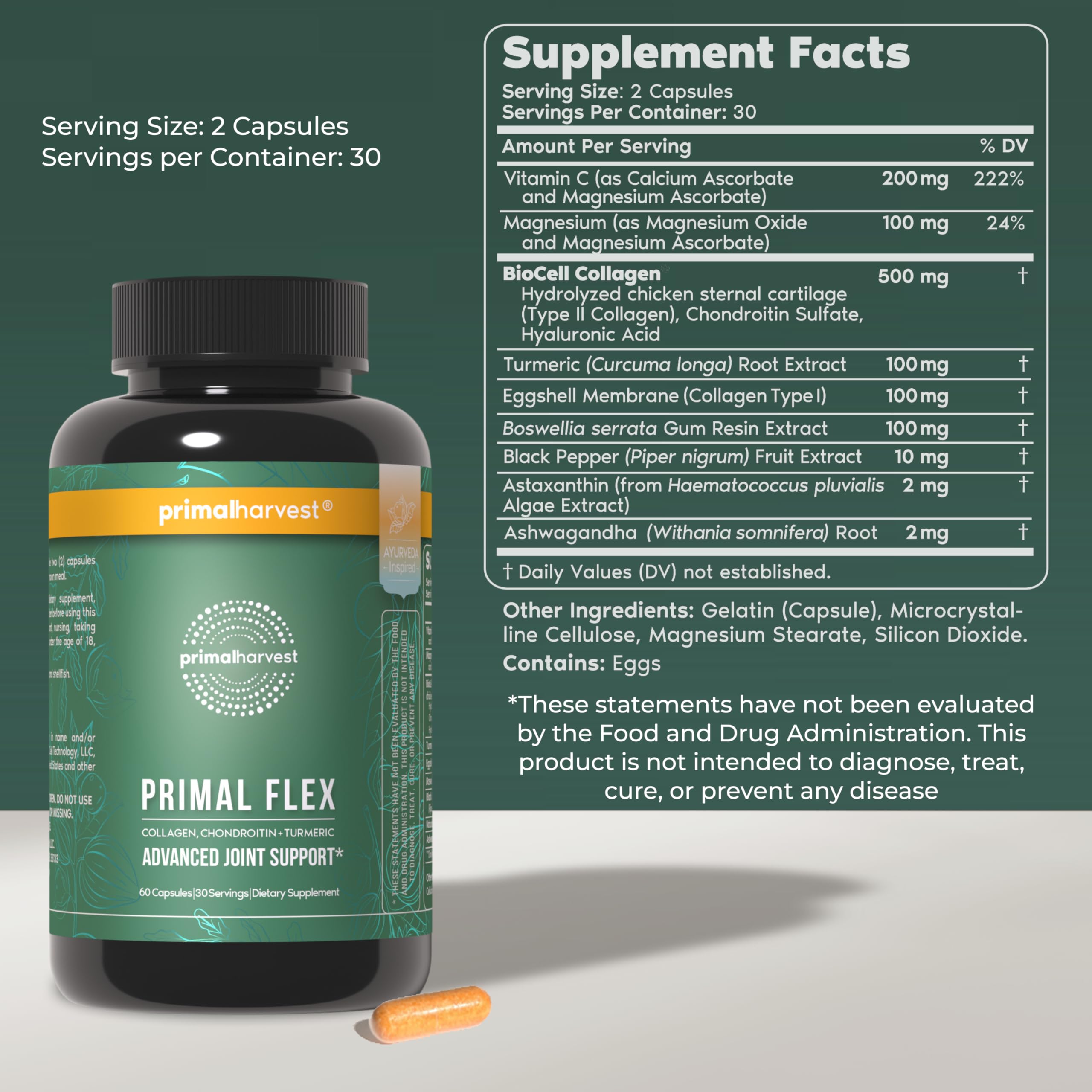 Primal Harvest Primal Flex with Turmeric, Hyaluronic Acid, Type II Collagen and Boswellia for Joint Comfort, Flexibility and Mobility Support (60 Count (1 Pack))