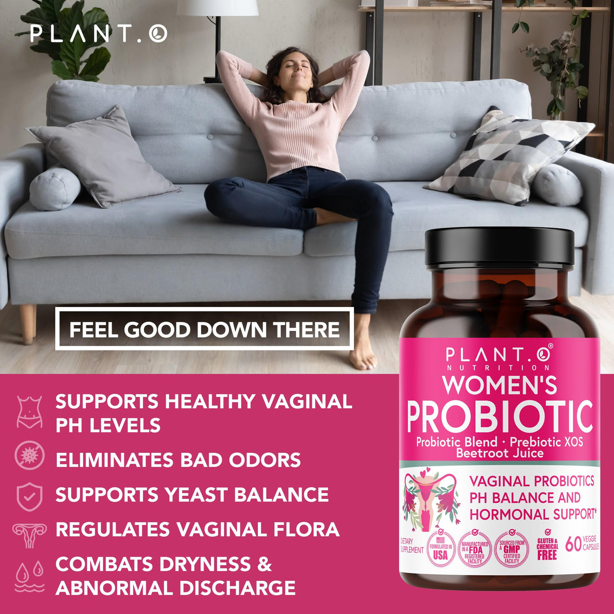 PLANT.O NUTRITION Vaginal Probiotics for Women with 4 Lactobacillus Strains Probiotic & Prebiotic Blend
