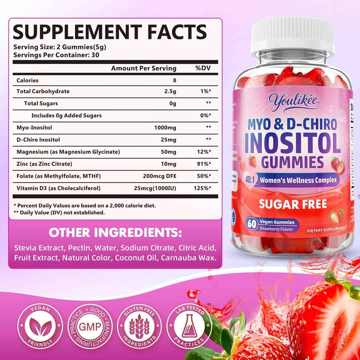 Myo-Inositol & D-Chiro Inositol Gummies for Women, Sugar-Free, 60 Count - Ideal 40:1 Ratio with Vitamin D3, Folate, Magnesium and Zinc - Support Female Health & Wellness, Strawberry Flavor