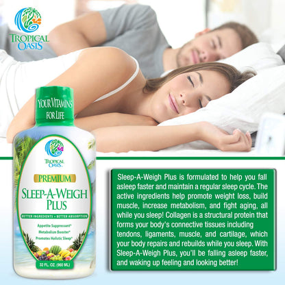 Tropical Oasis Sleep-A-Weigh Plus | Liquid Sleep Multimineral | w/Collagen, L-Carnitine, L-Lysine, Tonalin CLA, Apple Cider Vinegar, 5-HTP, Vitamins, 32 Fl Oz (Pack of 1), 33630