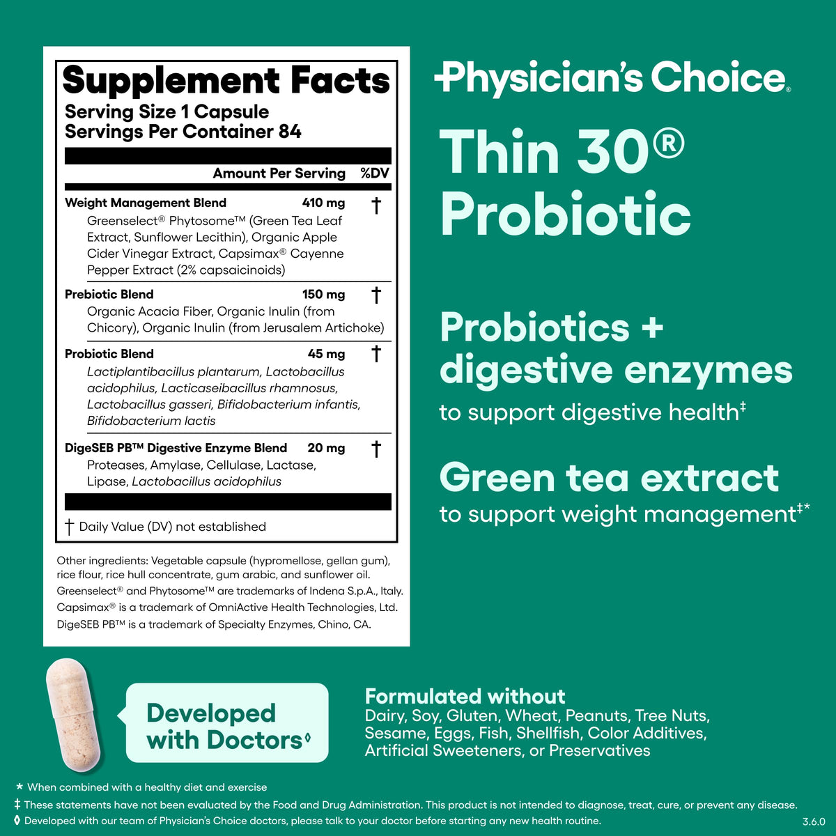 Physician's CHOICE Probiotics for Weight Management & Bloating, 30ct - 6 Probiotic Strains, Prebiotics, Cayenne, & Green Tea for Gut Health, Bloating Relief, & Weight Management for Women & Men