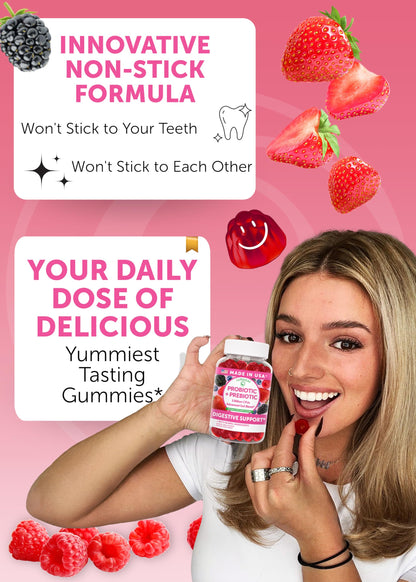 Lunakai USA Made Prebiotic + Probiotic Gummies for Women and Men - High Potency 5 Billion CFUs with Fibers - Non-GMO Gut Health Support 60ct