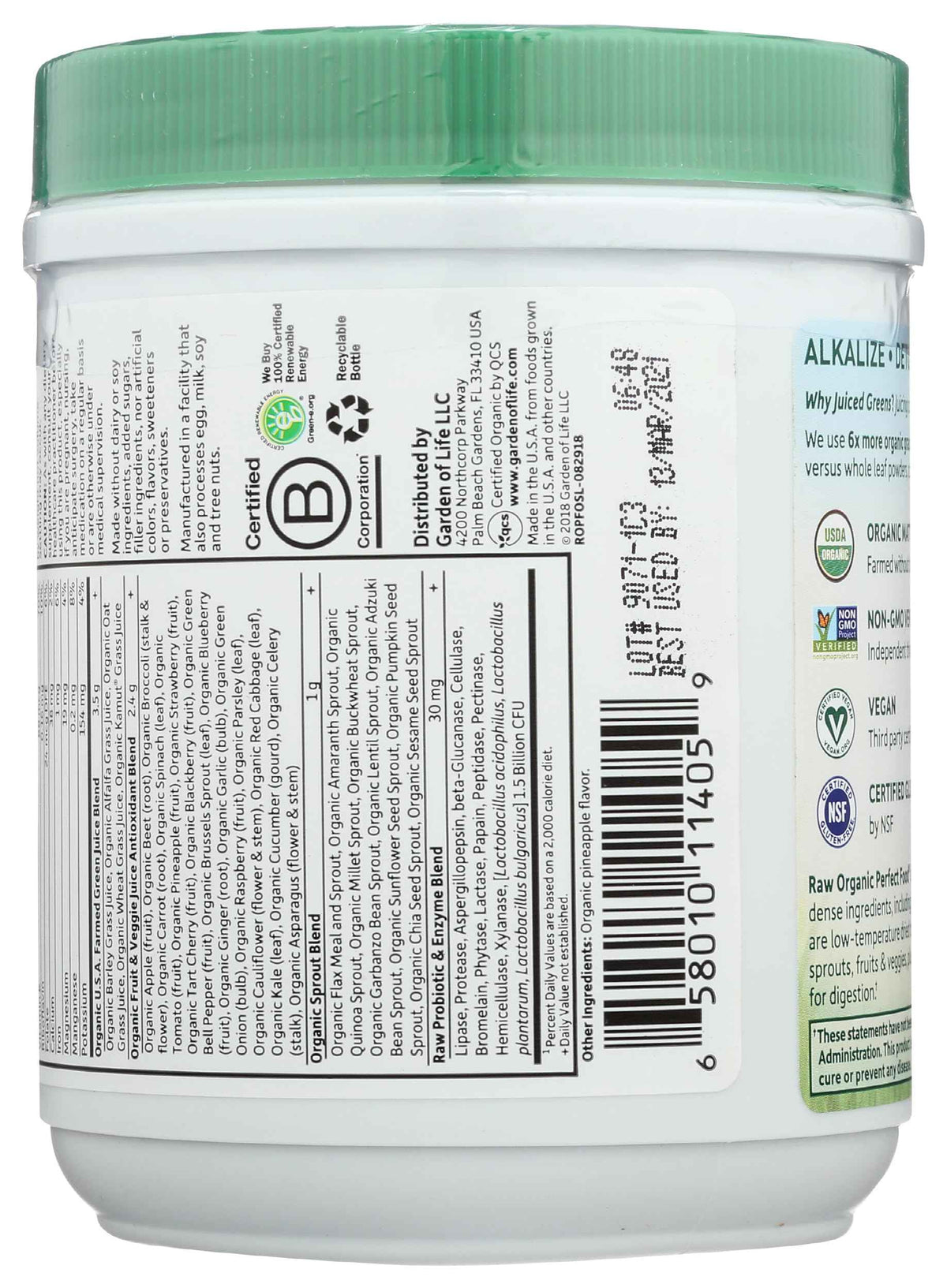 Garden of Life Raw Organic Perfect Food Green Superfood Juiced Greens Powder - Original Stevia-Free, 30 Servings, Non-GMO, Gluten Free Whole Food Dietary