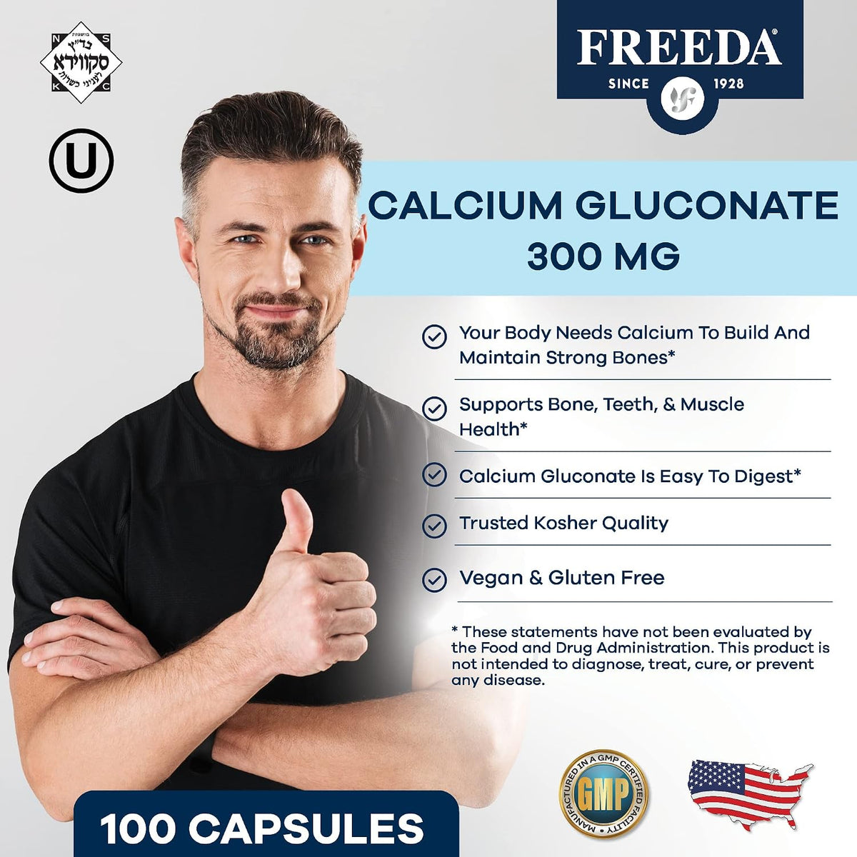 FREEDA Calcium Gluconate Supplement for Bone & Joint Support - 100 Capsules - Supports Teeth & Muscle Health - Pure Calcium w/o Vitamin D - Gentle on Stomach, Easy-to-Digest, Kosher, Vegan, Made in USA