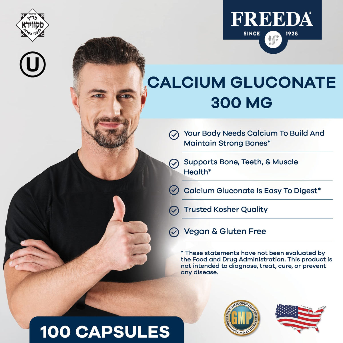 FREEDA Calcium Gluconate Supplement for Bone & Joint Support - 100 Capsules - Supports Teeth & Muscle Health - Pure Calcium w/o Vitamin D - Gentle on Stomach, Easy-to-Digest, Kosher, Vegan, Made in USA
