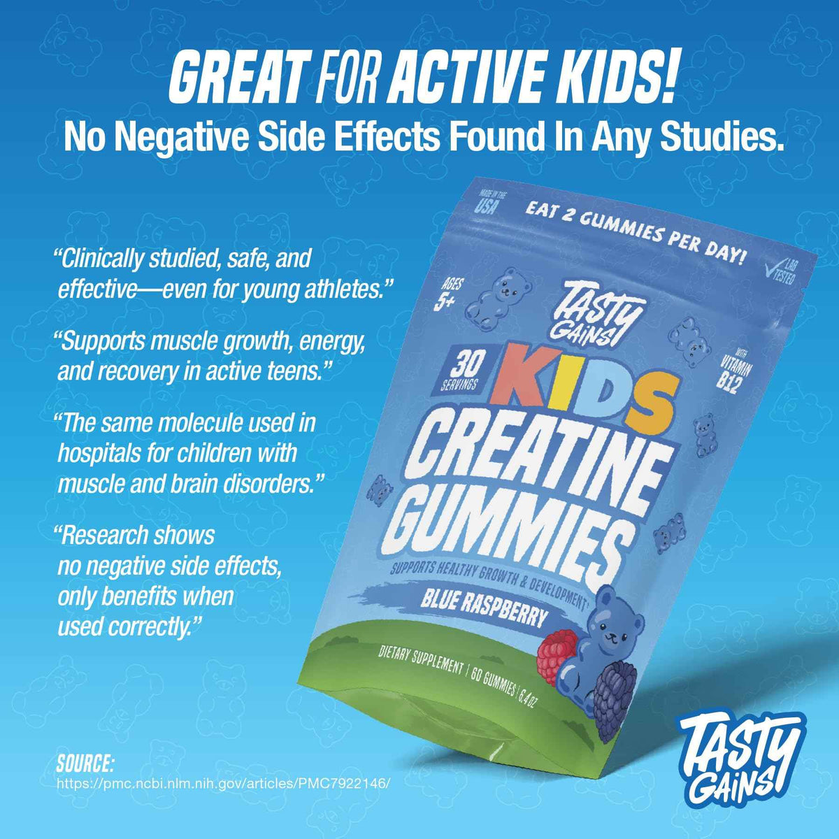 TASTY GAINS Kids & Teen Creatine Gummies with Vitamin B12 for Growth Support, Easy Chew Daily Supplement, Gummy Vitamins for Kids and Teens, Ages 5+